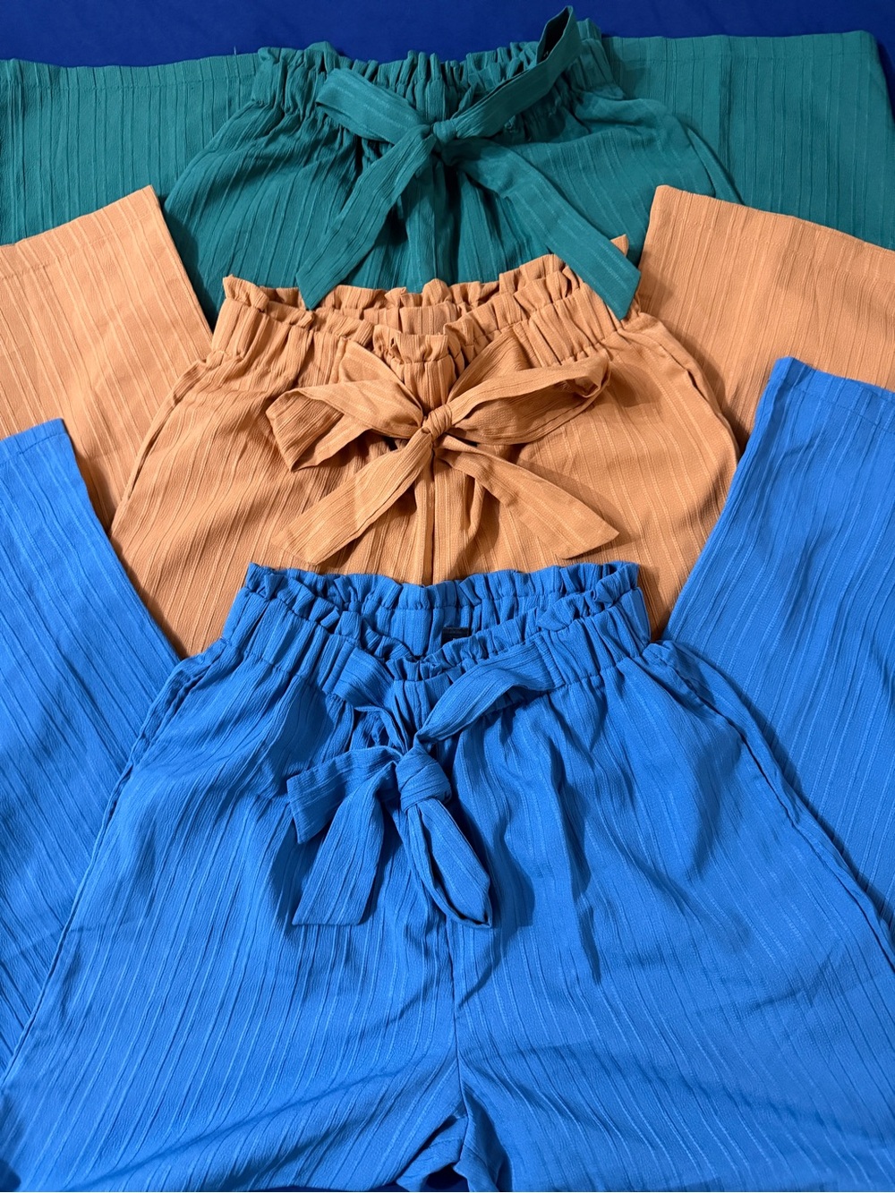 Faux Tie-Waist Pleated Wide-Leg Pants Trio - Deep Green, Mustard Yellow, Cobalt